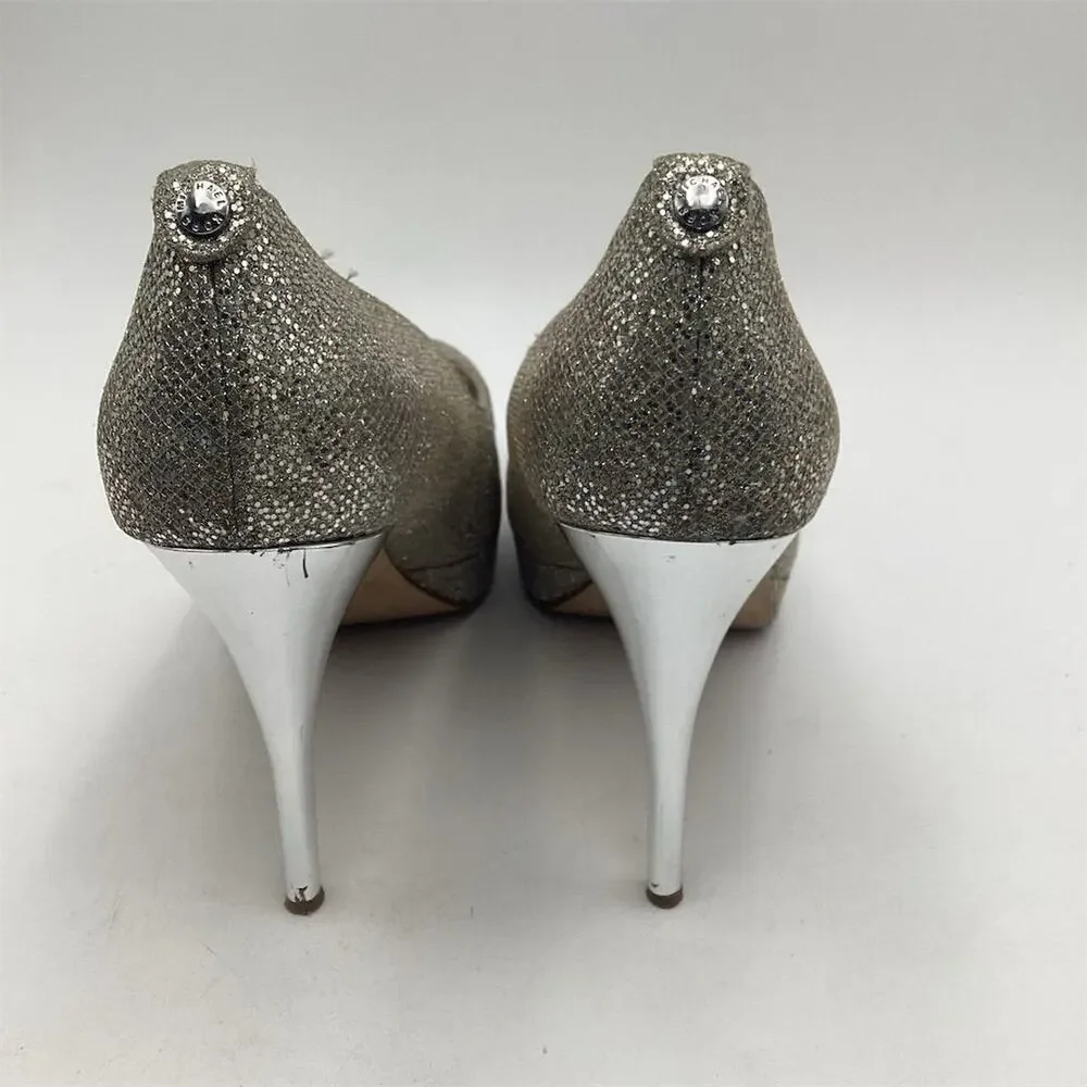 Michael Kors Silver Glitter Peep Toe Platform Heels Size 10‎ Women's
